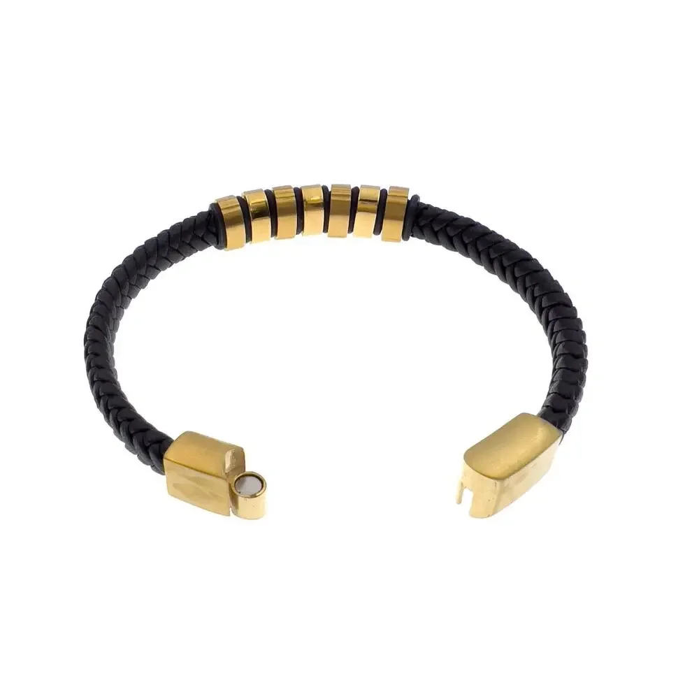 Gold Tone Stainless Steel Bead Black Braided Leather Bracelet Mens 8.5in 7mm